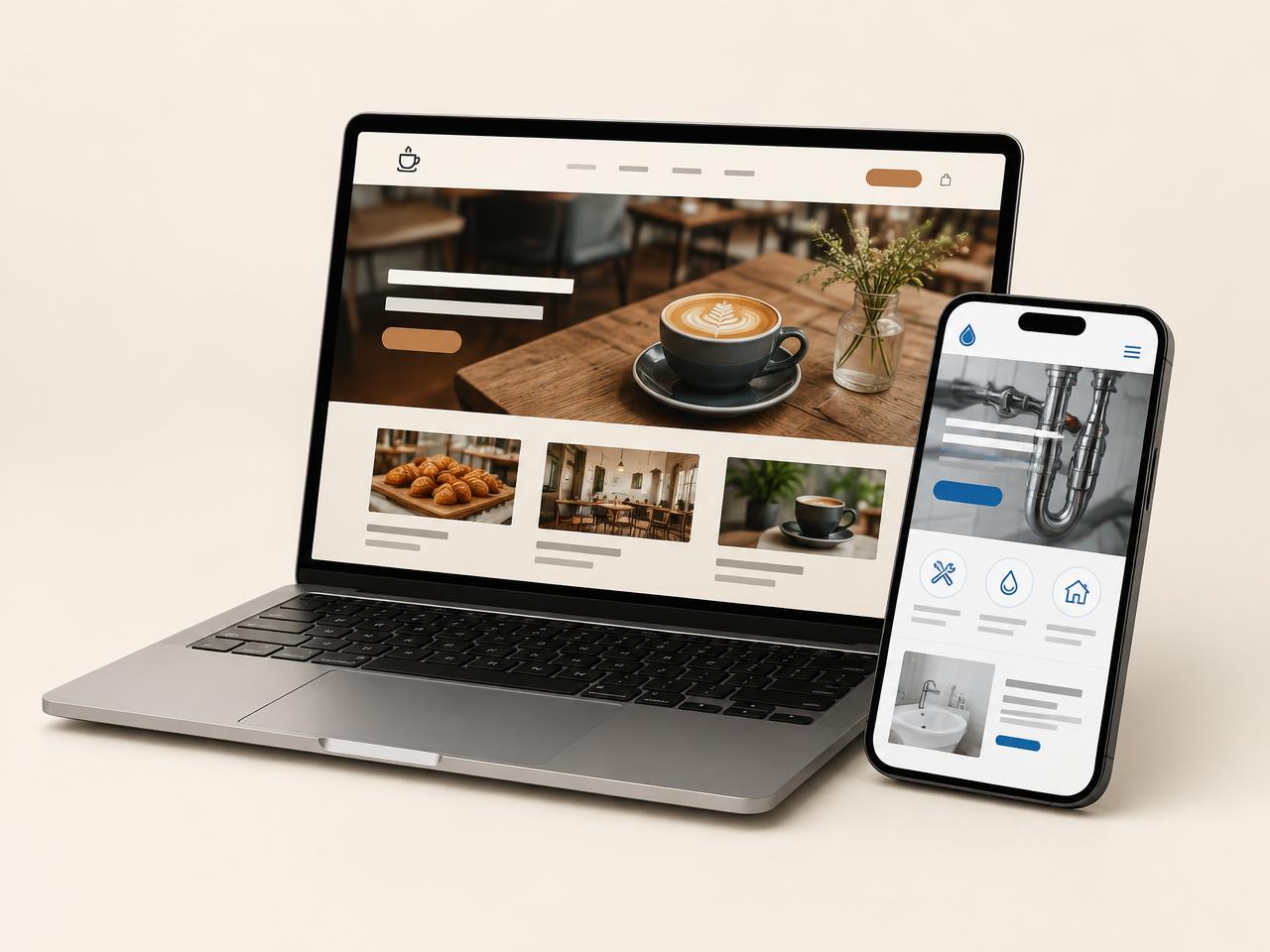 Laptop and phone showing sample small business websites for a café and a plumber